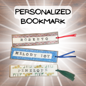 product image for blind date with a book personalized bookmark shows three large laminated bookmarks with ribbons hand stamped